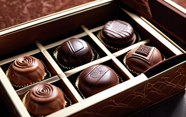 **

Prompt: "Close-up shot of a luxurious chocolate box with a velvet-textured finish. Soft, diffused lighting to highlight the tactile quality. Emphasize the feeling of indulgence and high-end craftsmanship. Background slightly blurred to draw focus to the box."

**