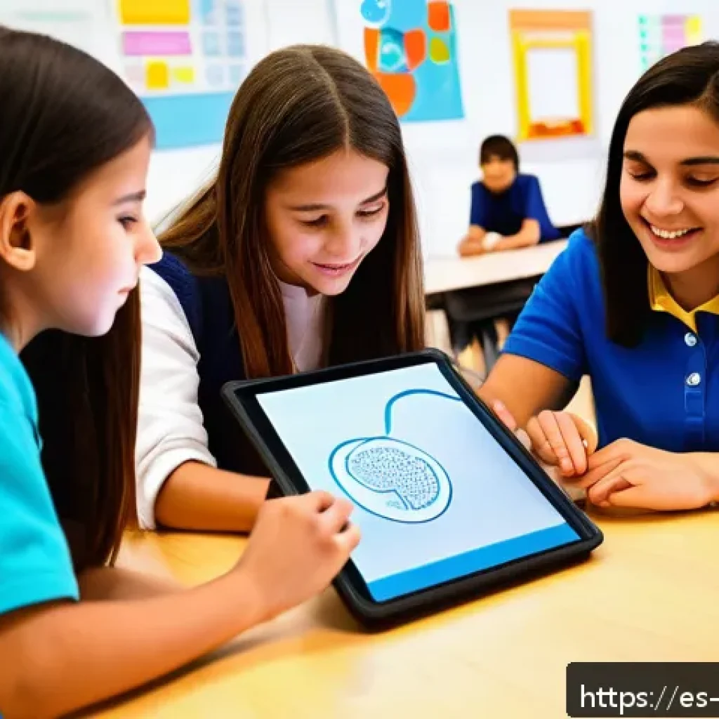 촉각적 디자인의 혁신적 접근 사례 - A modern classroom setting in Spain featuring students using touchscreen tablets with haptic feedbac...