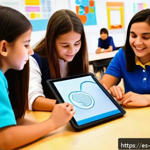 촉각적 디자인의 혁신적 접근 사례 - A modern classroom setting in Spain featuring students using touchscreen tablets with haptic feedbac...