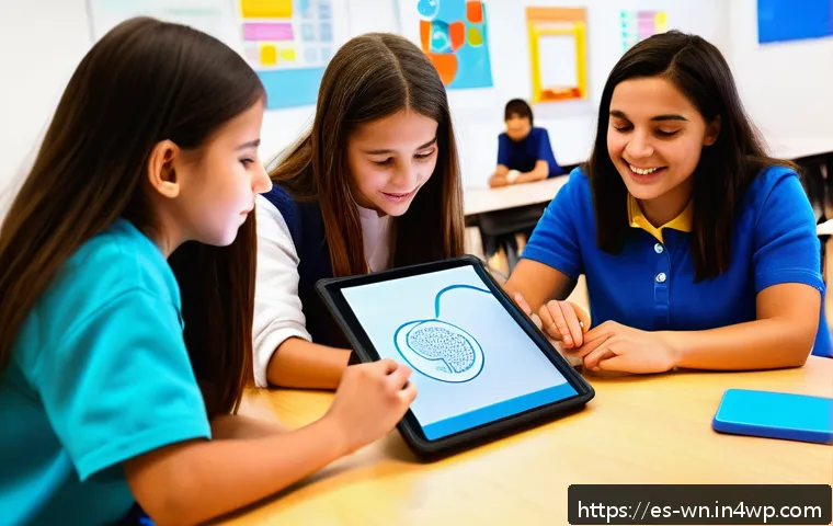 촉각적 디자인의 혁신적 접근 사례 - A modern classroom setting in Spain featuring students using touchscreen tablets with haptic feedbac...