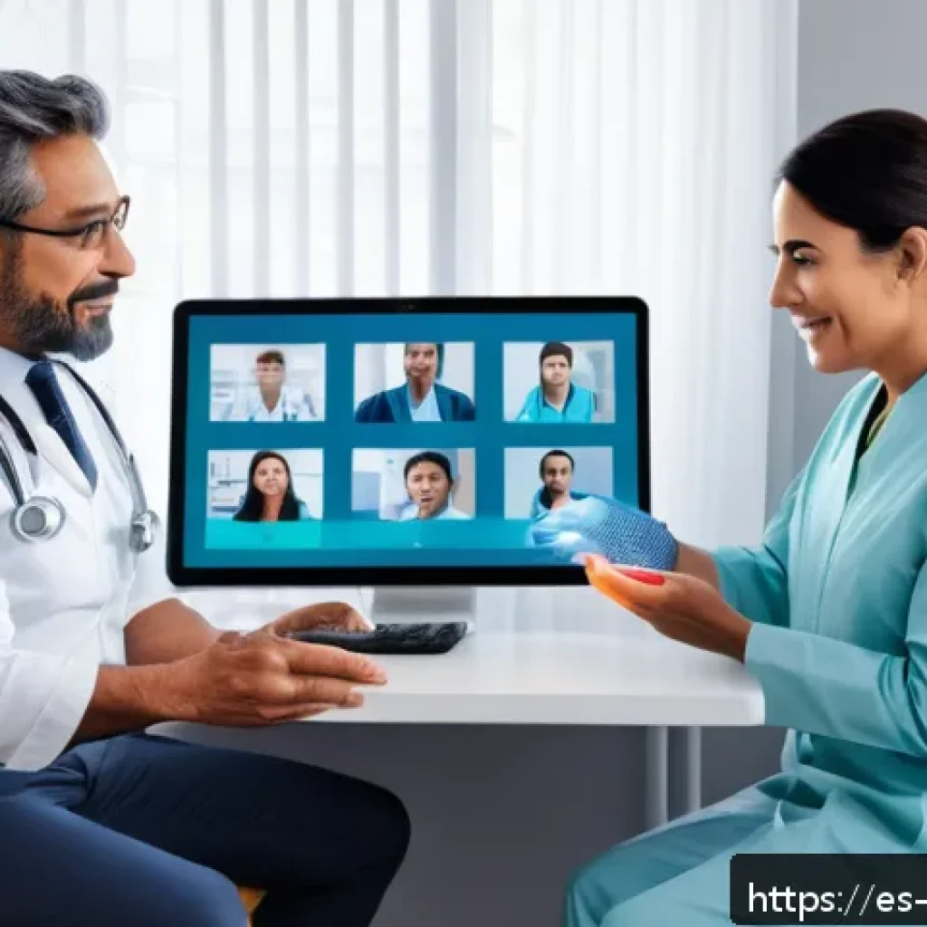 촉각적 피드백의 산업별 응용 사례 - A modern telemedicine consultation scene showing a Hispanic female doctor using advanced haptic feed...