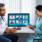 촉각적 피드백의 산업별 응용 사례 - A modern telemedicine consultation scene showing a Hispanic female doctor using advanced haptic feed...