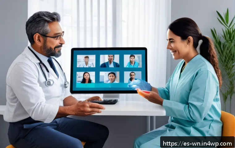 촉각적 피드백의 산업별 응용 사례 - A modern telemedicine consultation scene showing a Hispanic female doctor using advanced haptic feed...