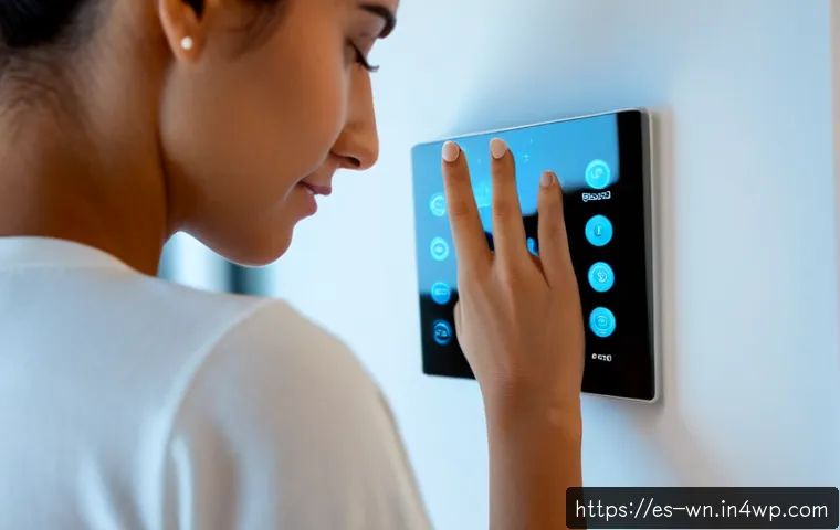 Home 17 촉각적 인터페이스를 통한 사용자 몰입 경험 - Photorealistic close-up of a Spanish woman in a modern Madrid apartment using a tactile smart-home c...
